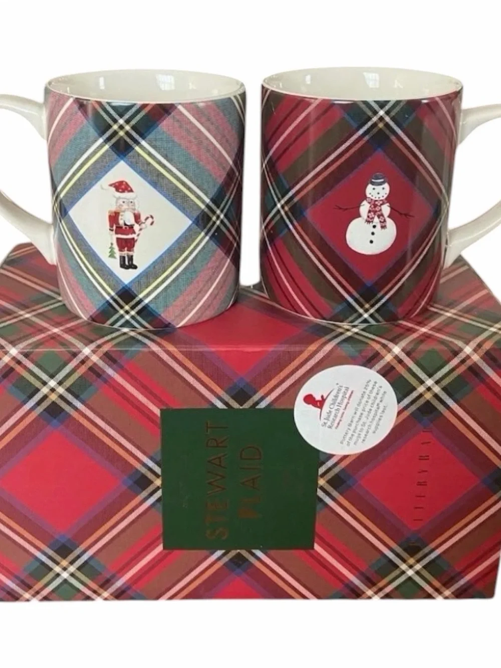 Pottery Barn Stewart Plaid Christmas  Mugs Snowman & Santa Nutcracker NIB
